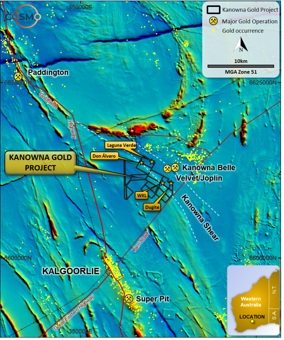 Kanowna Gold Project on background magnetic image (RTP TMI)